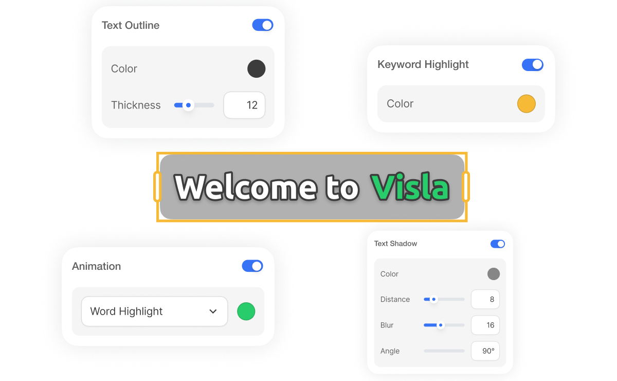 Custom subtitle styling options in Visla with editable fonts, colors, outlines, shadows, and animated highlights.